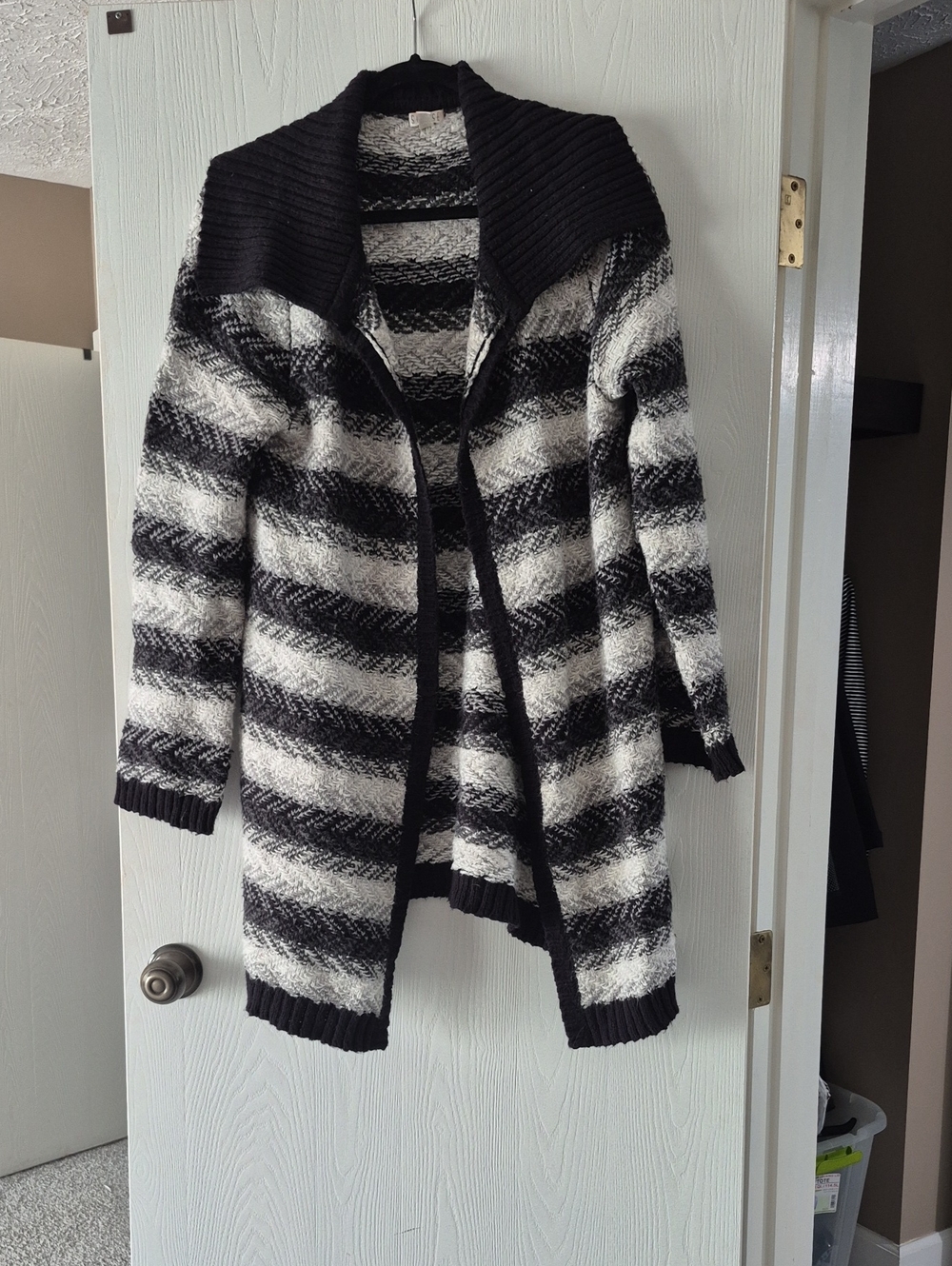 Cozy Black & White Striped Shawl Collar Women's Sweater